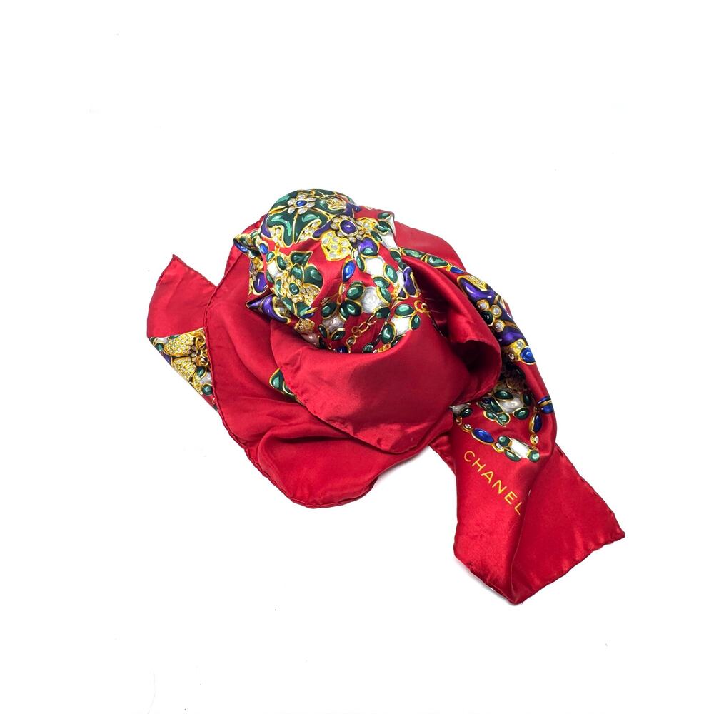 Chanel Vintage Red Gripoix Jewelry Print Scarf Made in Italy 100% Silk